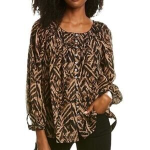 Beachlunchlounge‎ Animal print embroidered Sheer Brown Blouse Size Medium